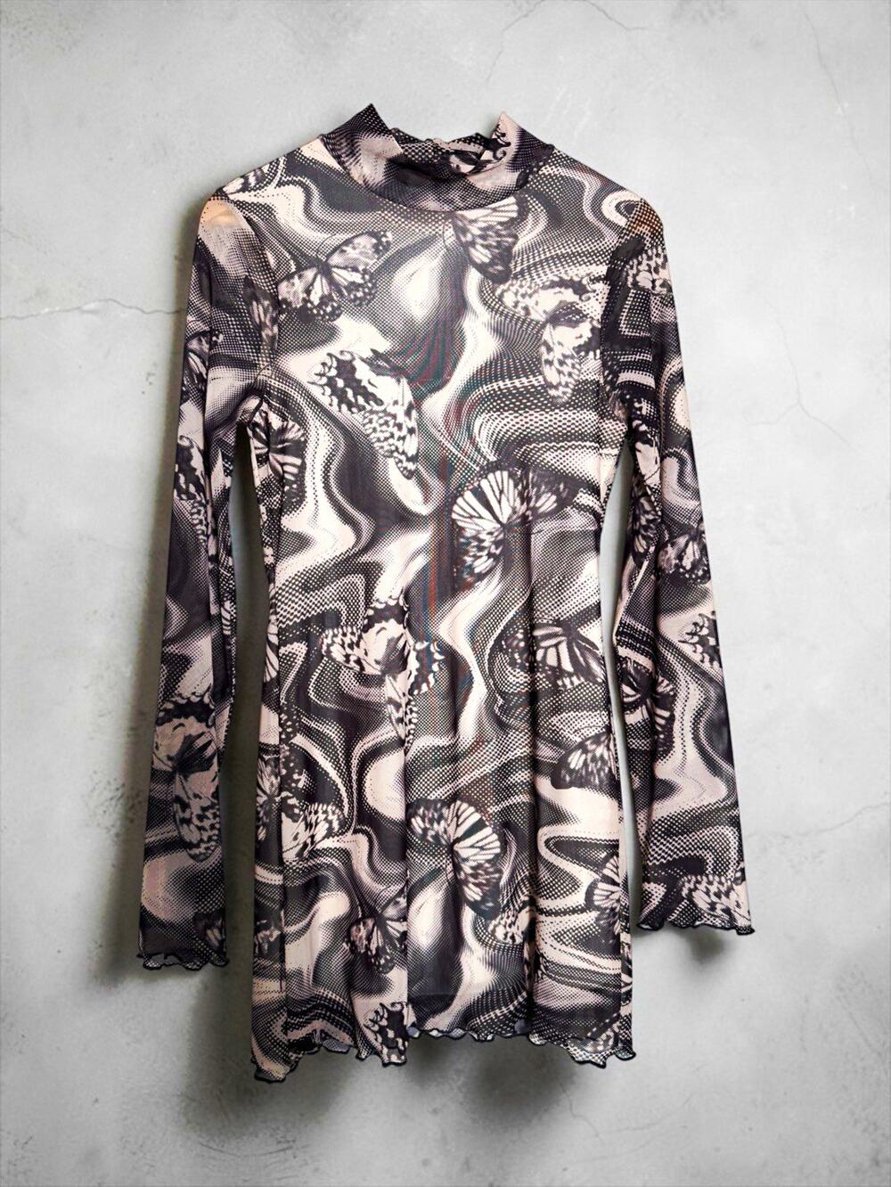Urban Outfitters Women Alessia Butterfly Mesh Mini Dress Mock Neck Long Sleeve L